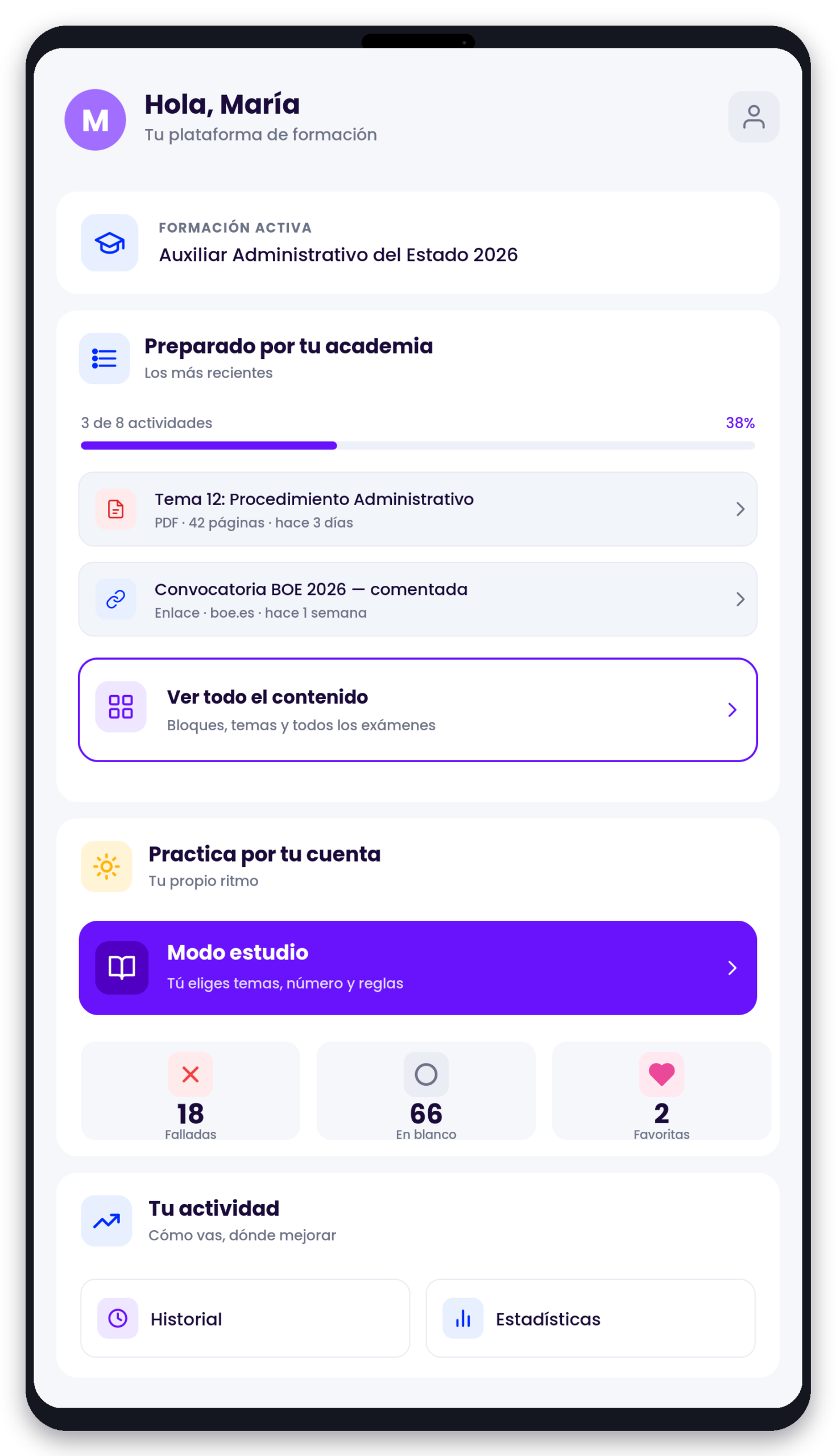 Vista en móvil de TipTop Campus — alumno de oposiciones